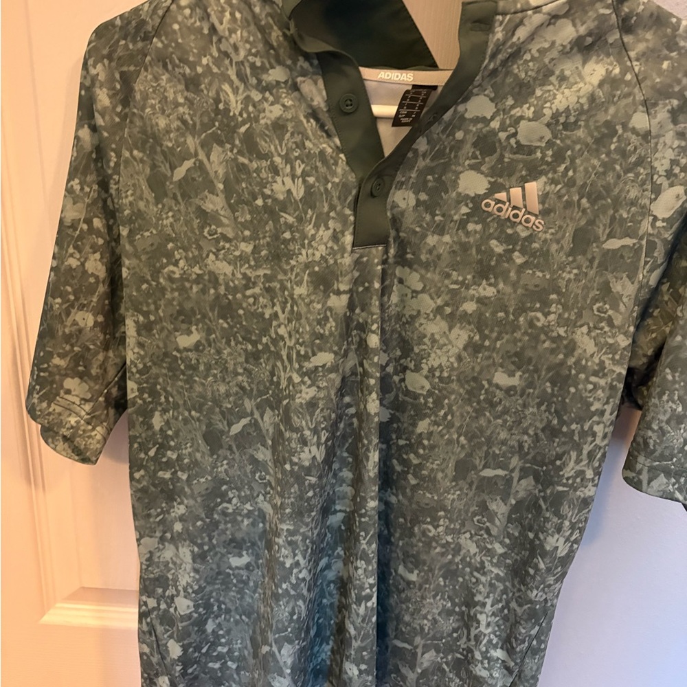 Adidas Men's Green Patterned Polo Shirt